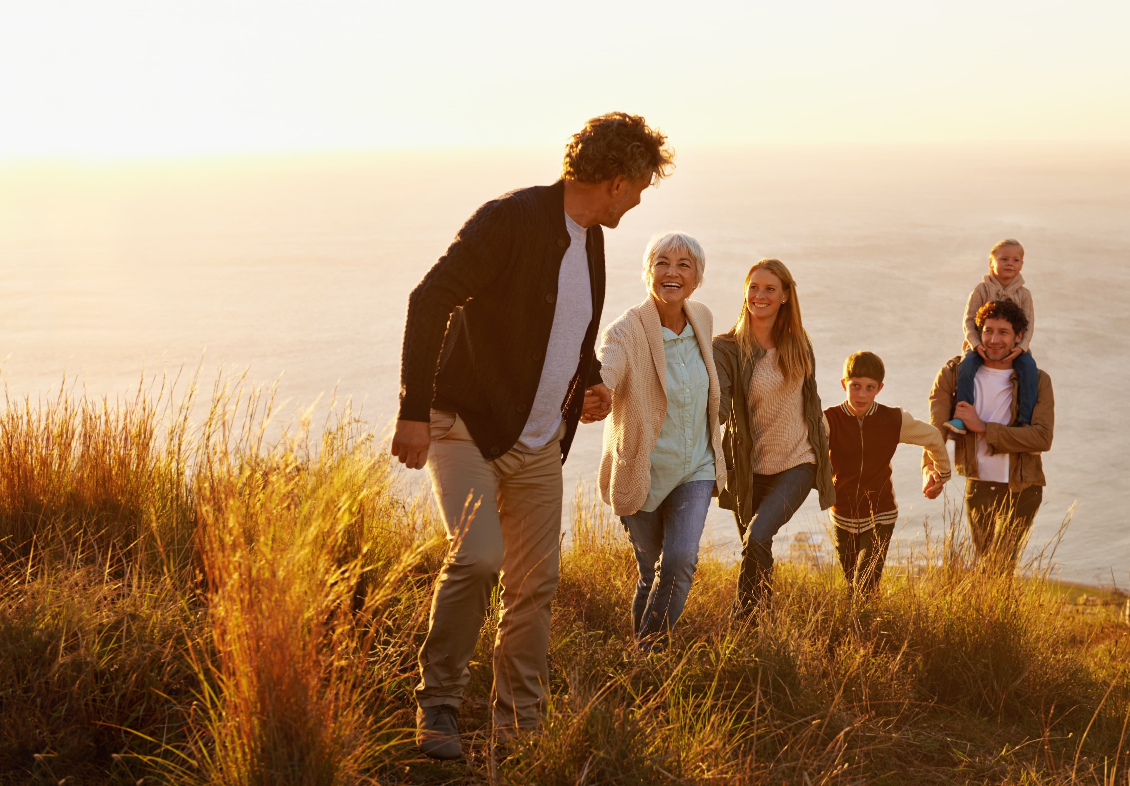 Family holding hands in the sunset